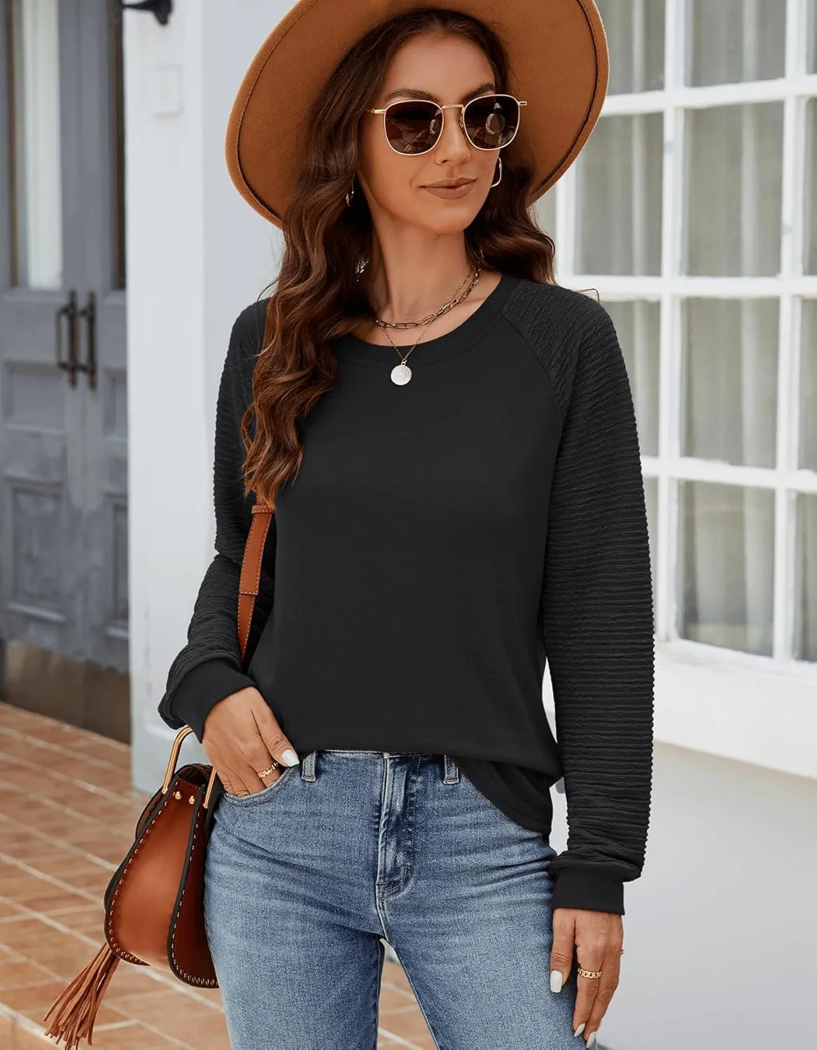 Aifer Womens Long Sleeve Tops Crew Neck Casual Shirts Fashion Loose Fit Trendy Outfits Clothes