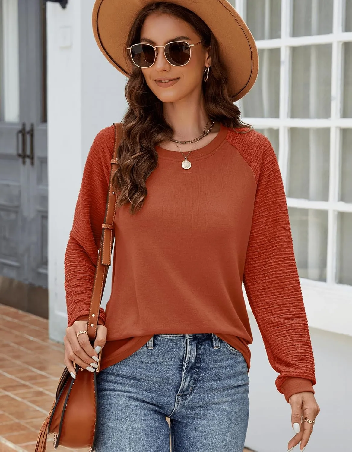 Aifer Womens Long Sleeve Tops Crew Neck Casual Shirts Fashion Loose Fit Trendy Outfits Clothes