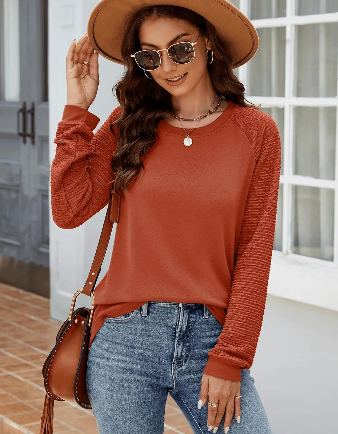 Aifer Womens Long Sleeve Tops Crew Neck Casual Shirts Fashion Loose Fit Trendy Outfits Clothes