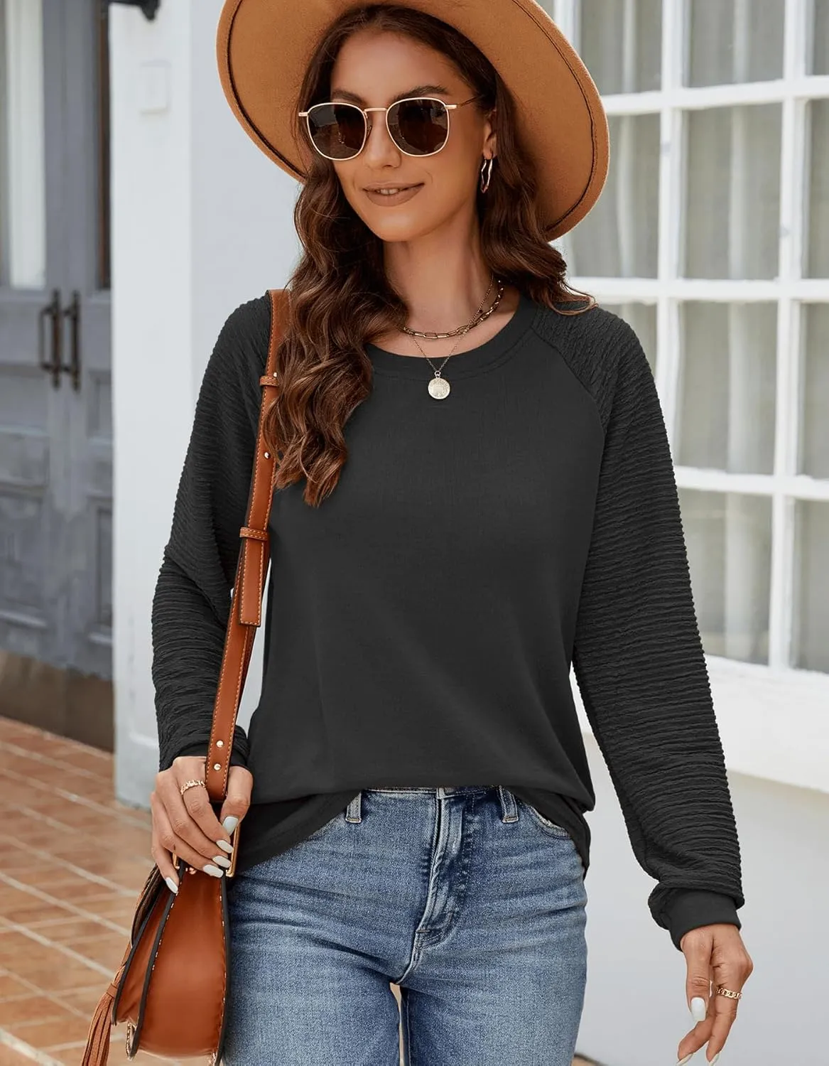 Aifer Womens Long Sleeve Tops Crew Neck Casual Shirts Fashion Loose Fit Trendy Outfits Clothes