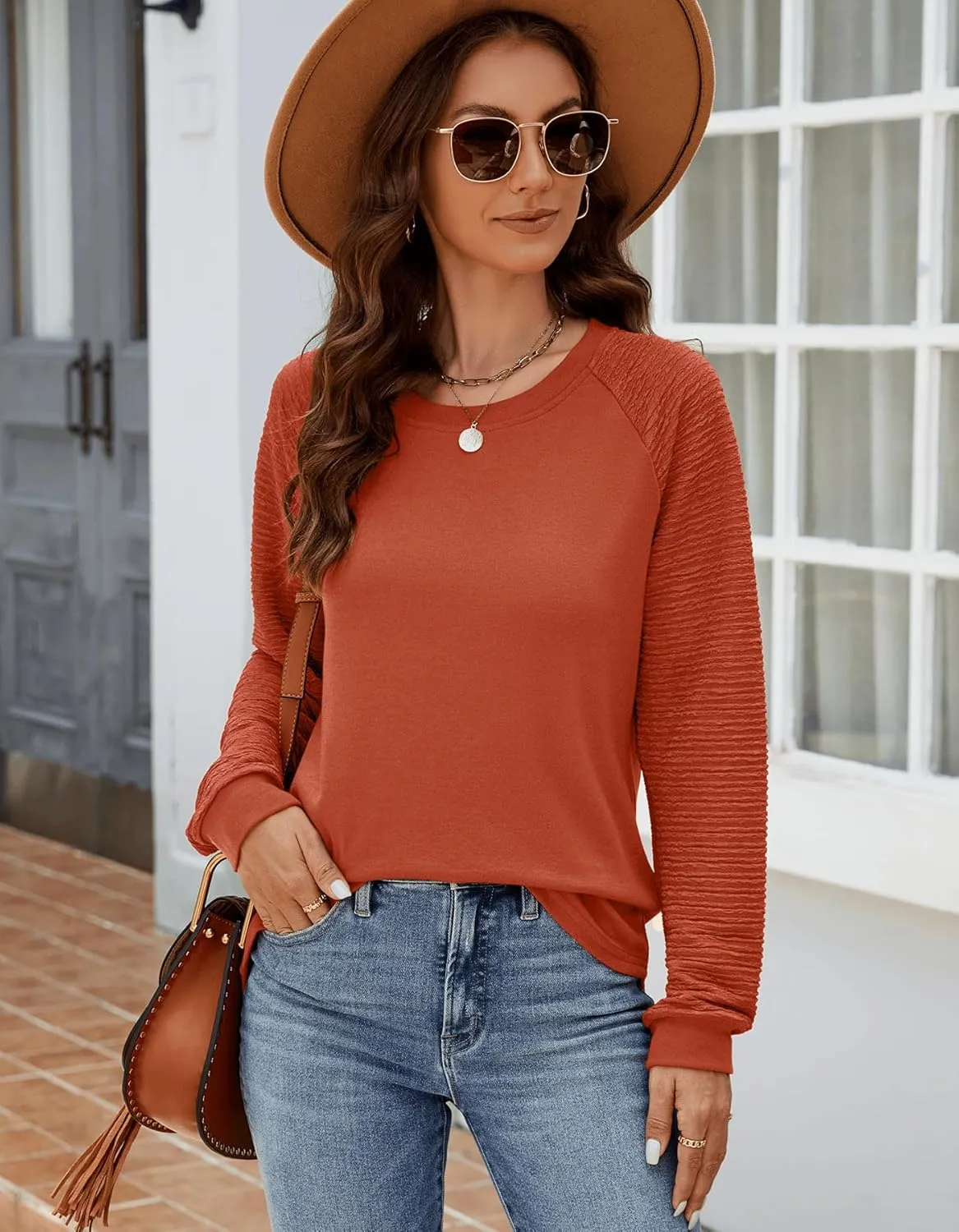 Aifer Womens Long Sleeve Tops Crew Neck Casual Shirts Fashion Loose Fit Trendy Outfits Clothes