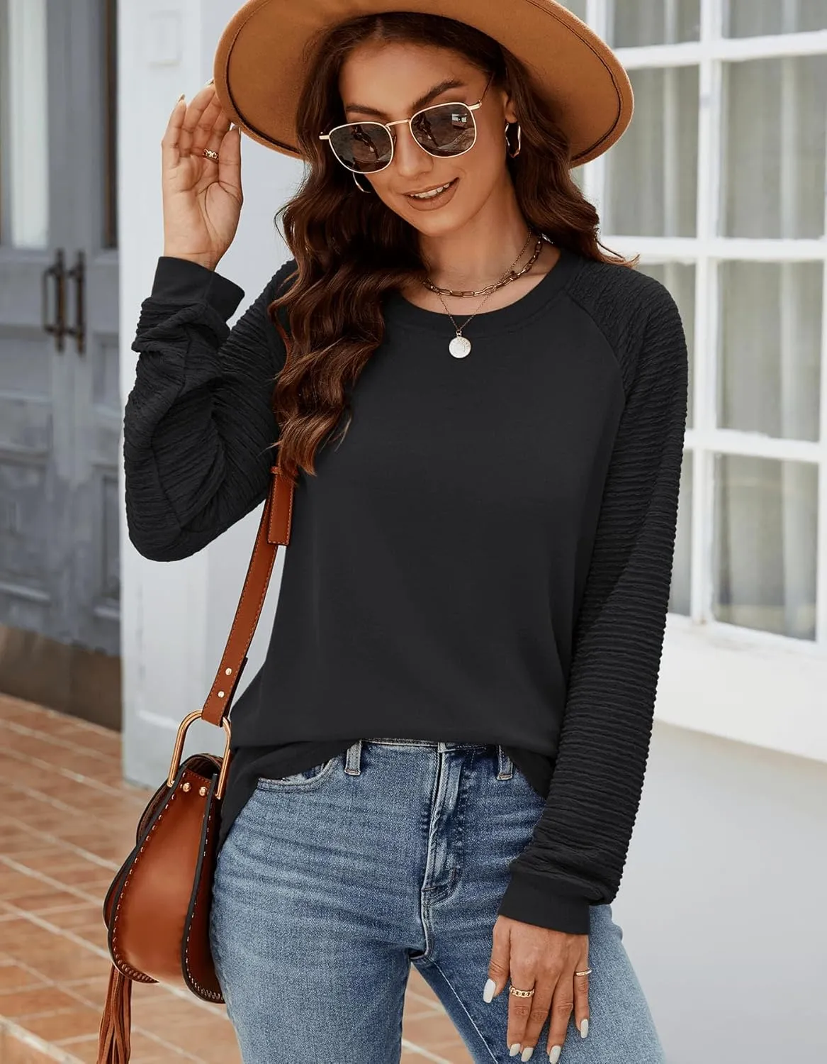 Aifer Womens Long Sleeve Tops Crew Neck Casual Shirts Fashion Loose Fit Trendy Outfits Clothes