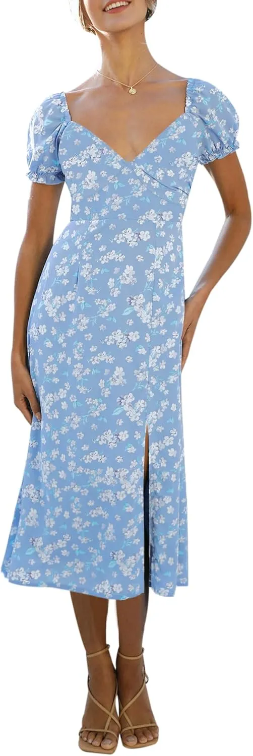 AIMCOO Womens Sweetheart V Neck Floral Midi Dress Short Puff Sleeve Side Split Smocked Back Casual Solid Dress for Summer