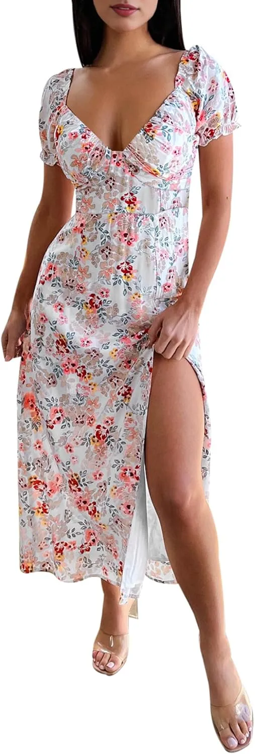 AIMCOO Womens Sweetheart V Neck Floral Midi Dress Short Puff Sleeve Side Split Smocked Back Casual Solid Dress for Summer