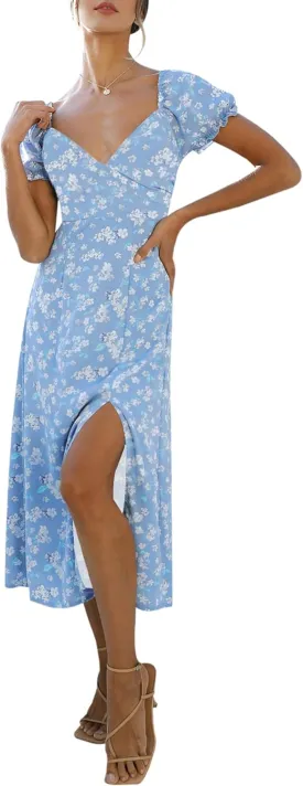 AIMCOO Womens Sweetheart V Neck Floral Midi Dress Short Puff Sleeve Side Split Smocked Back Casual Solid Dress for Summer