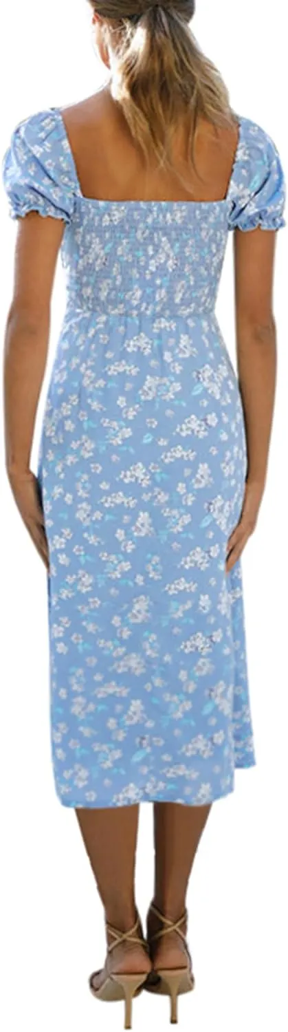 AIMCOO Womens Sweetheart V Neck Floral Midi Dress Short Puff Sleeve Side Split Smocked Back Casual Solid Dress for Summer