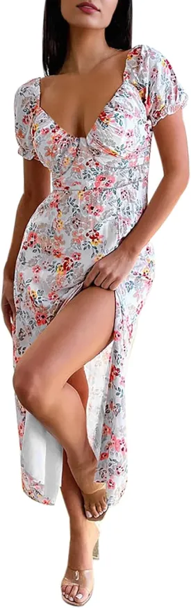 AIMCOO Womens Sweetheart V Neck Floral Midi Dress Short Puff Sleeve Side Split Smocked Back Casual Solid Dress for Summer