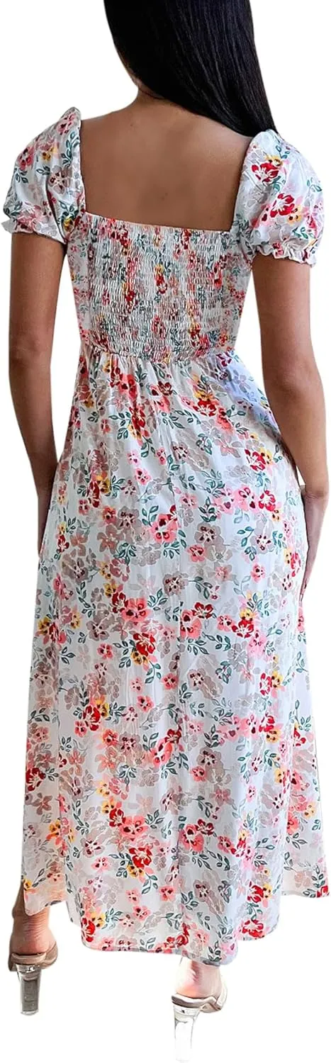 AIMCOO Womens Sweetheart V Neck Floral Midi Dress Short Puff Sleeve Side Split Smocked Back Casual Solid Dress for Summer