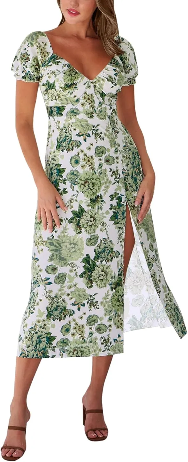 AIMCOO Womens Sweetheart V Neck Floral Midi Dress Short Puff Sleeve Side Split Smocked Back Casual Solid Dress for Summer