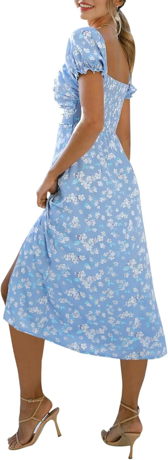 AIMCOO Womens Sweetheart V Neck Floral Midi Dress Short Puff Sleeve Side Split Smocked Back Casual Solid Dress for Summer
