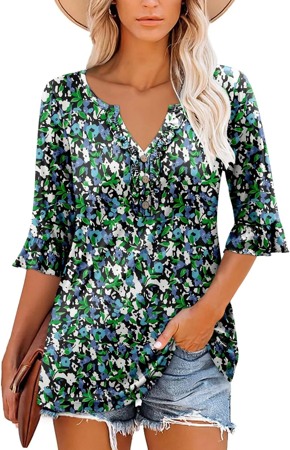BETTE BOUTIK Womens Summer Tops Small V Neck Pleated Tops Tunic Tops Shirts S-3XL