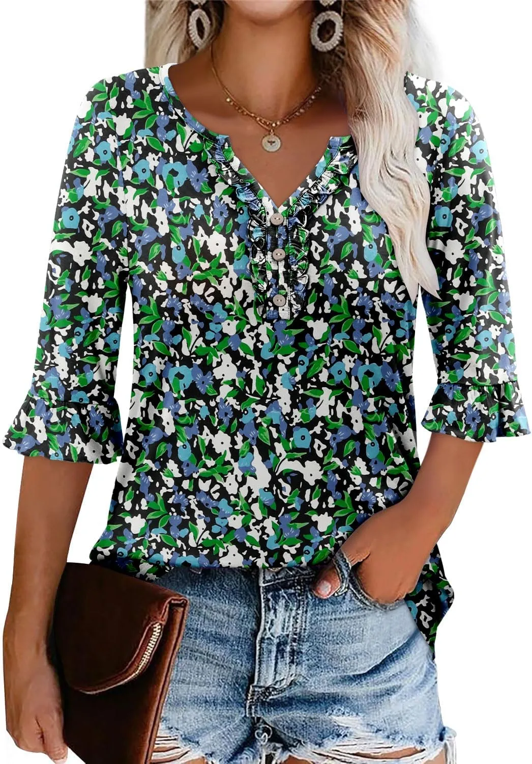 BETTE BOUTIK Womens Summer Tops Small V Neck Pleated Tops Tunic Tops Shirts S-3XL