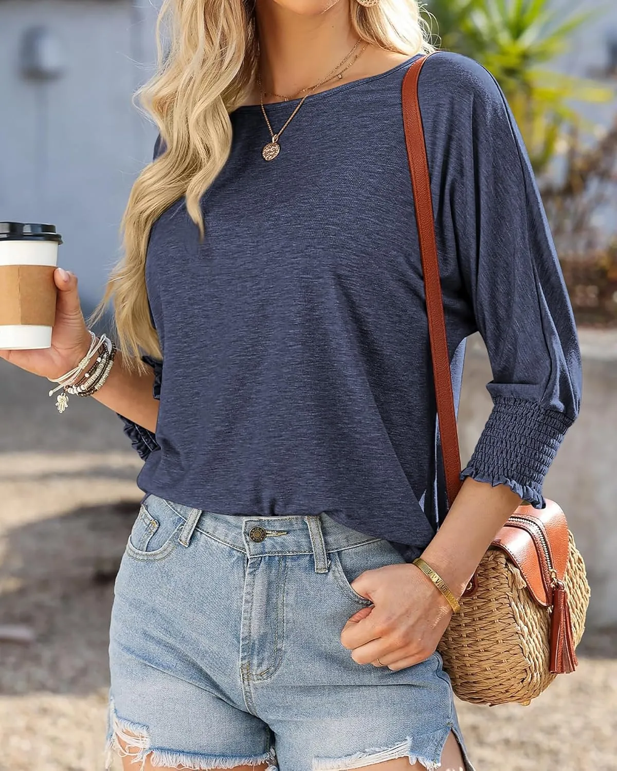 BTFBM Womens Casual Tops Dressy Spring Summer T Shirts 2025 Crewneck 3/4 Sleeve Loose Tunic Beach Vacation Blouse