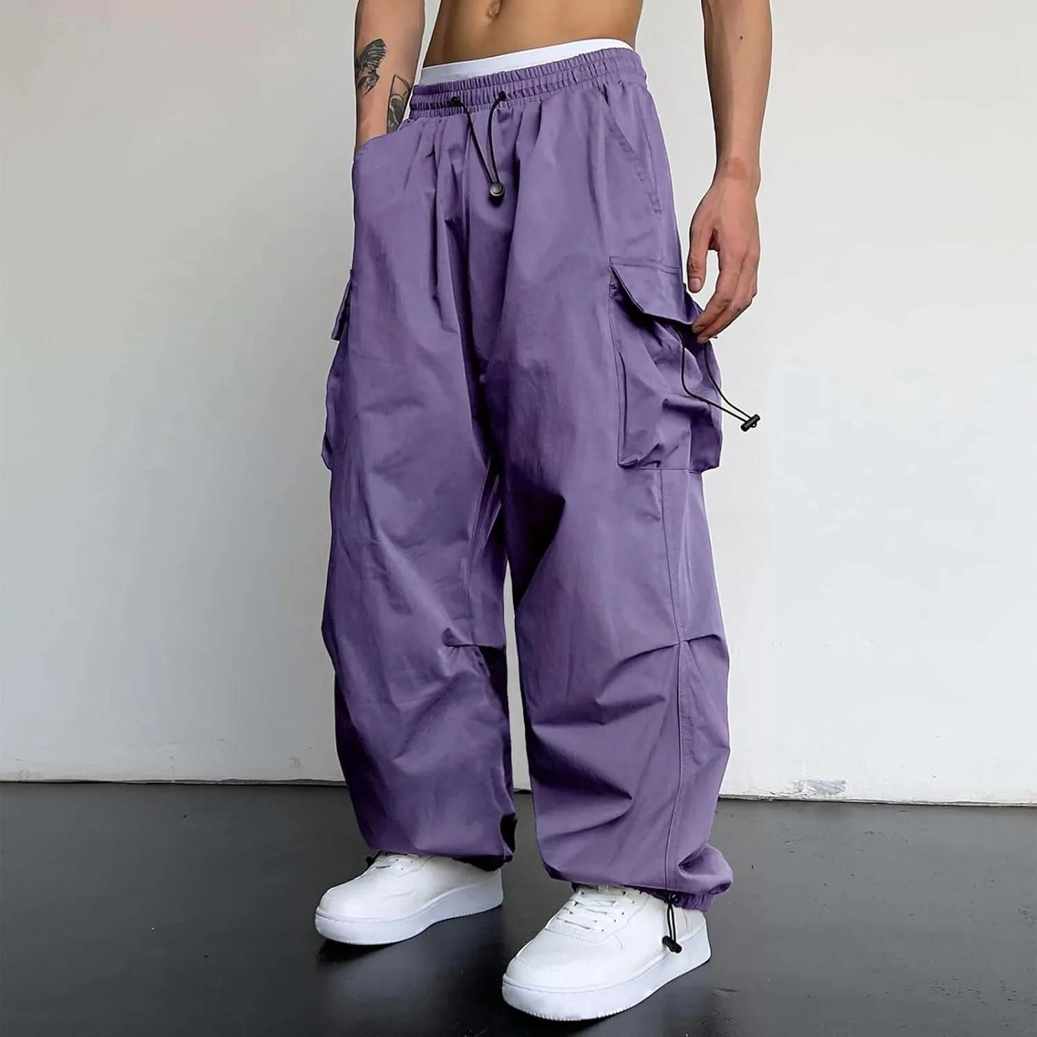 Cargo Pants for Men Casual Drawstring Elastic Waist Hip Hop Parachute Pants Loose Fit Baggy Sweatpants with Pockets