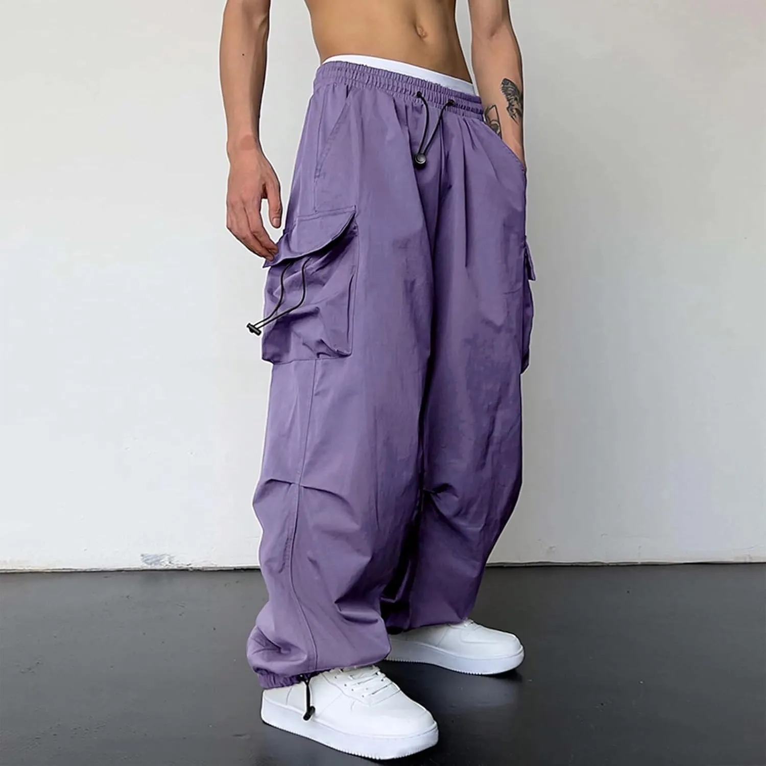 Cargo Pants for Men Casual Drawstring Elastic Waist Hip Hop Parachute Pants Loose Fit Baggy Sweatpants with Pockets