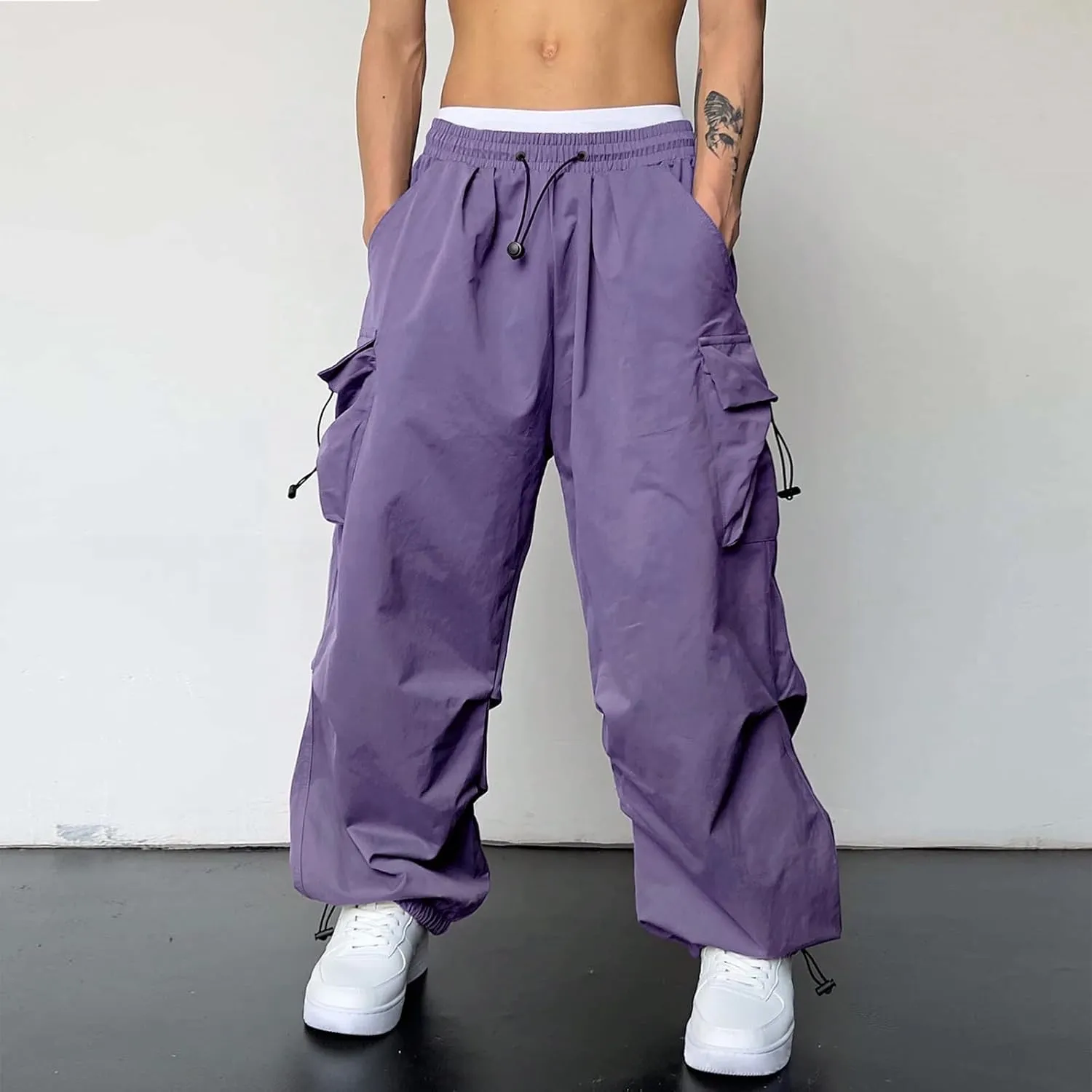 Cargo Pants for Men Casual Drawstring Elastic Waist Hip Hop Parachute Pants Loose Fit Baggy Sweatpants with Pockets