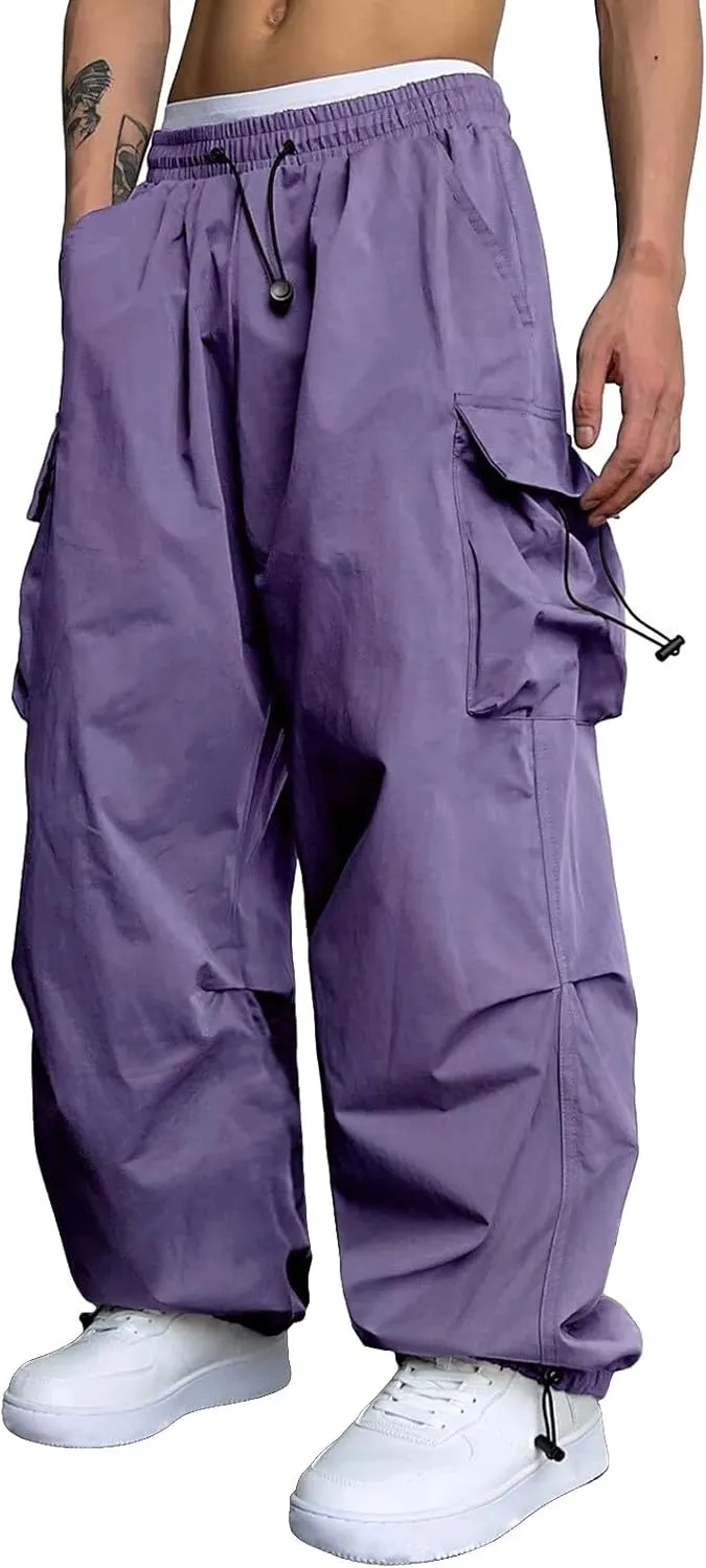 Cargo Pants for Men Casual Drawstring Elastic Waist Hip Hop Parachute Pants Loose Fit Baggy Sweatpants with Pockets
