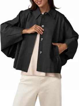 Cicy Bell Womens Oversized Cropped Trench Coats Batwing Sleeve Trendy Casual Jackets Button Up Outerwear
