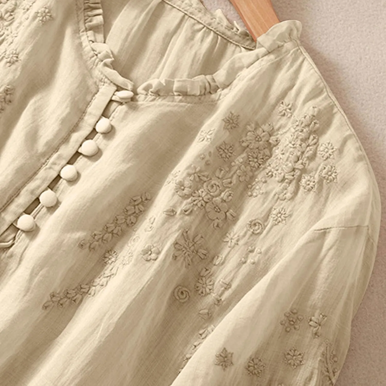 Cotton Linen Shirt for Women 2025 Summer Crewneck Button Embroidered Short Sleeve Boho Blouse Dressy Casual Vacation Top
