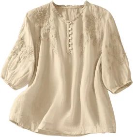 Cotton Linen Shirt for Women 2025 Summer Crewneck Button Embroidered Short Sleeve Boho Blouse Dressy Casual Vacation Top
