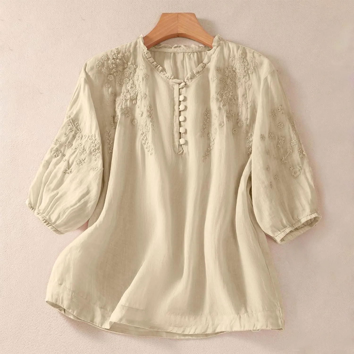 Cotton Linen Shirt for Women 2025 Summer Crewneck Button Embroidered Short Sleeve Boho Blouse Dressy Casual Vacation Top
