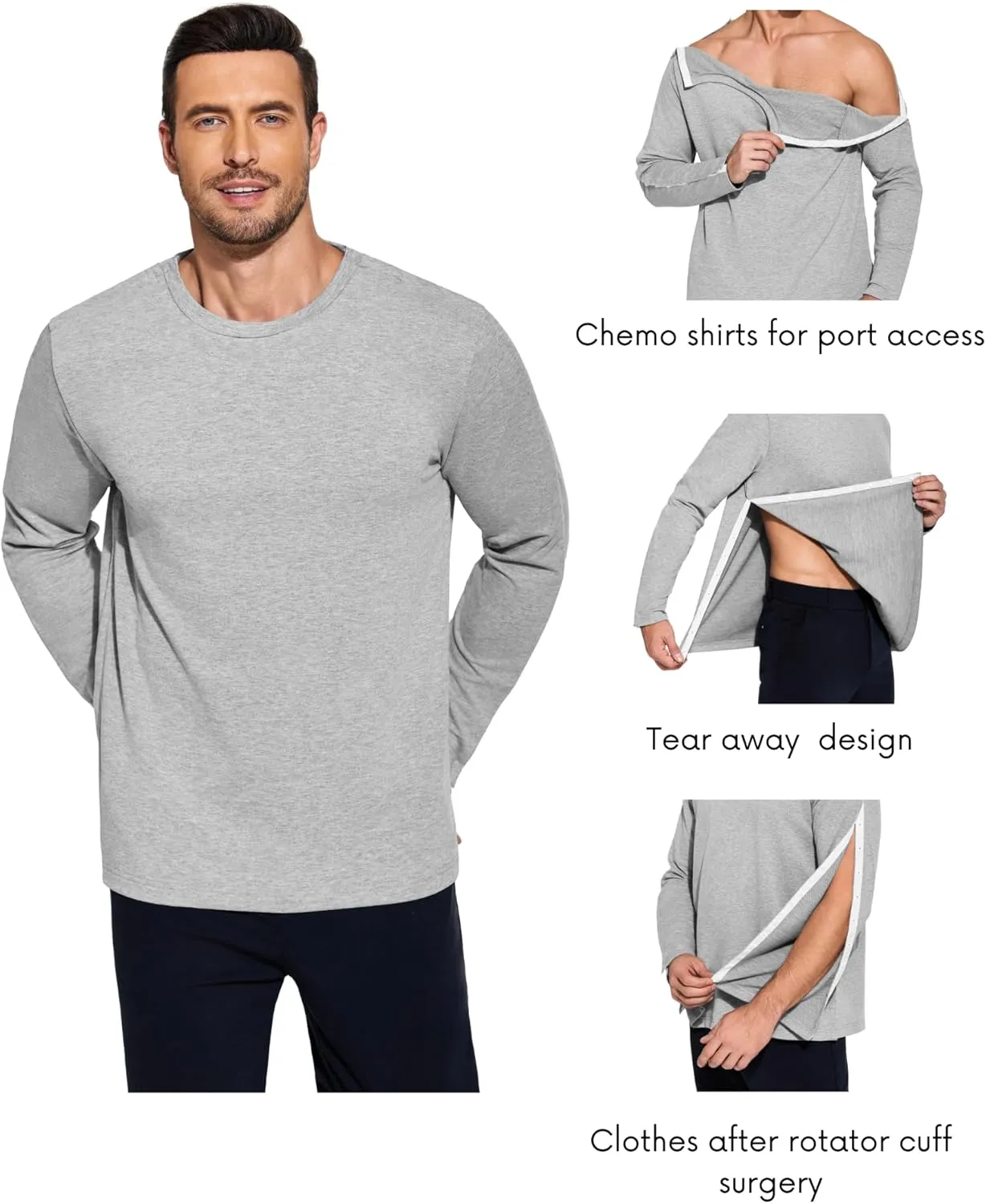 Deyeek Post Shoulder Surgery Recovery Shirts For Men Chemo Port Access Top Snap Full Tear Away Long Sleeve