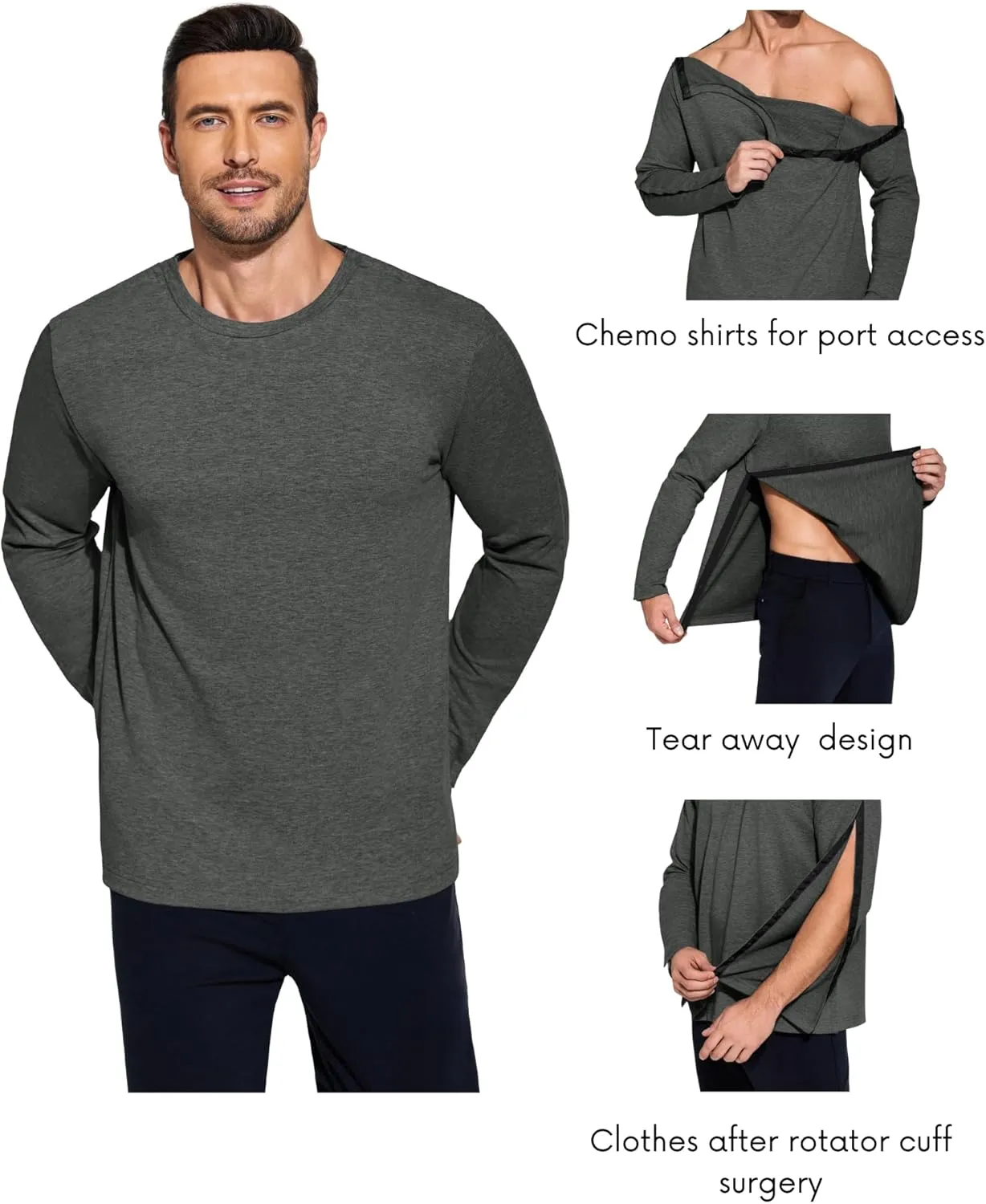 Deyeek Post Shoulder Surgery Recovery Shirts For Men Chemo Port Access Top Snap Full Tear Away Long Sleeve