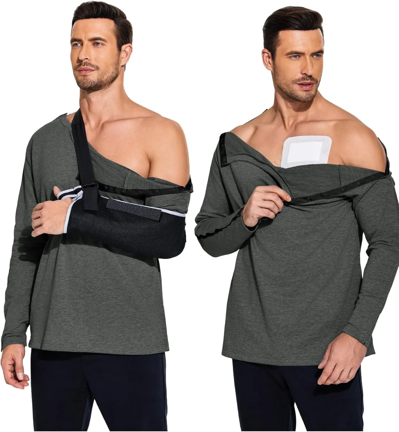 Deyeek Post Shoulder Surgery Recovery Shirts For Men Chemo Port Access Top Snap Full Tear Away Long Sleeve