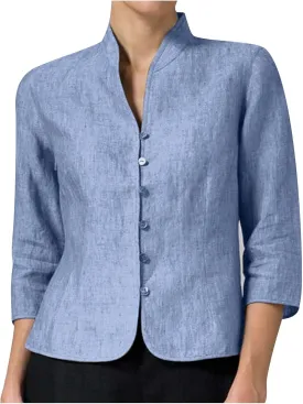 HGps8w Women's Linen Shirts Retro Mandarin Collar Chinese Frog Button 3/4 Sleeve Button Down Blouse Tops