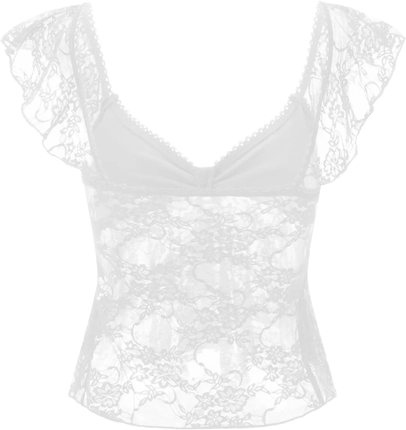 HOXIJIA Women Y2K Floral Lace Tank Top Sexy V Neck Sheer Mesh See Through Crop Vest Cute Short Sleeve Ruched Ruffle Shirt