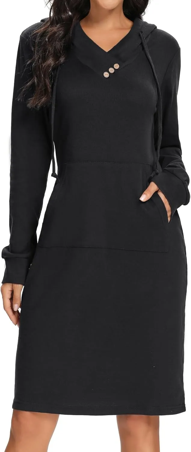 Kimmery Long Sleeve Dress for Women Lightweight Kangaroo Pocket Hoodie Dress Fall Sweatshirts for Women