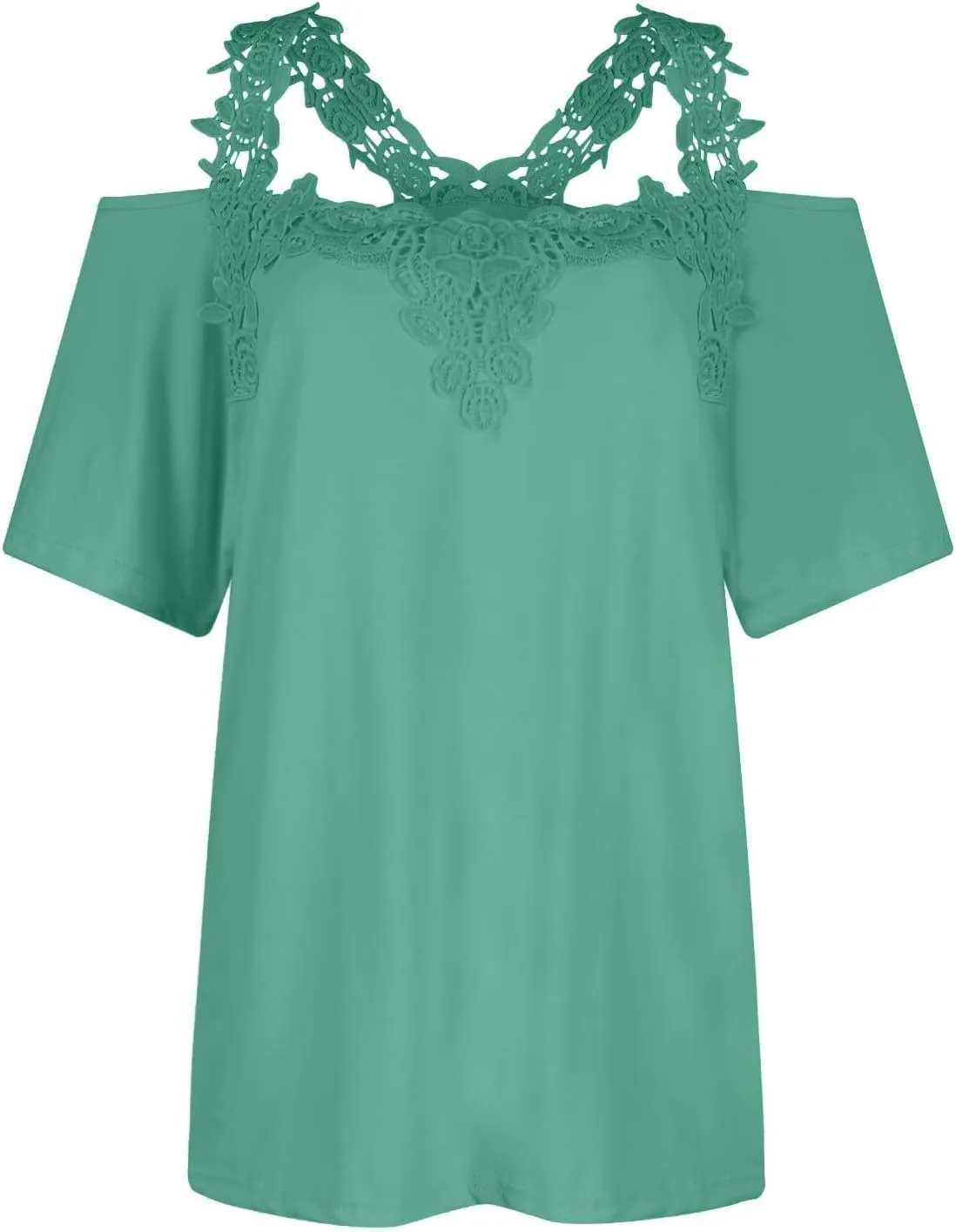 Lace Crochet Cold Shoulder Tops for Women Summer Dressy Casual T Shirt V Neck Short Sleeve Tshirt Strappy Blouses