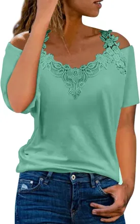 Lace Crochet Cold Shoulder Tops for Women Summer Dressy Casual T Shirt V Neck Short Sleeve Tshirt Strappy Blouses