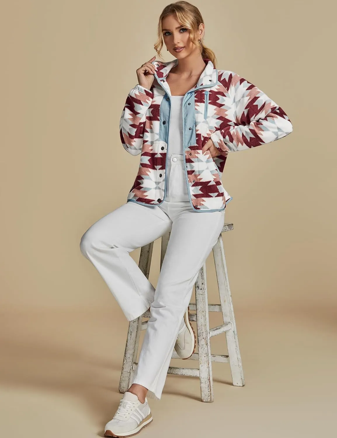 luvamia Fleece Jacket Women Winter Western Aztec Print Fall Button Down Shacket Lightweight Coat with Pockets