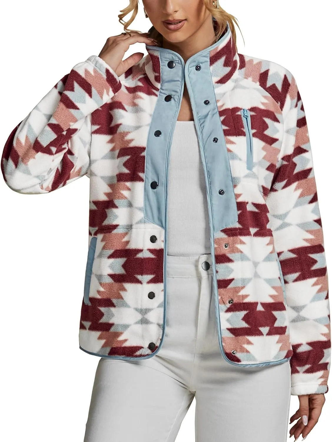 luvamia Fleece Jacket Women Winter Western Aztec Print Fall Button Down Shacket Lightweight Coat with Pockets