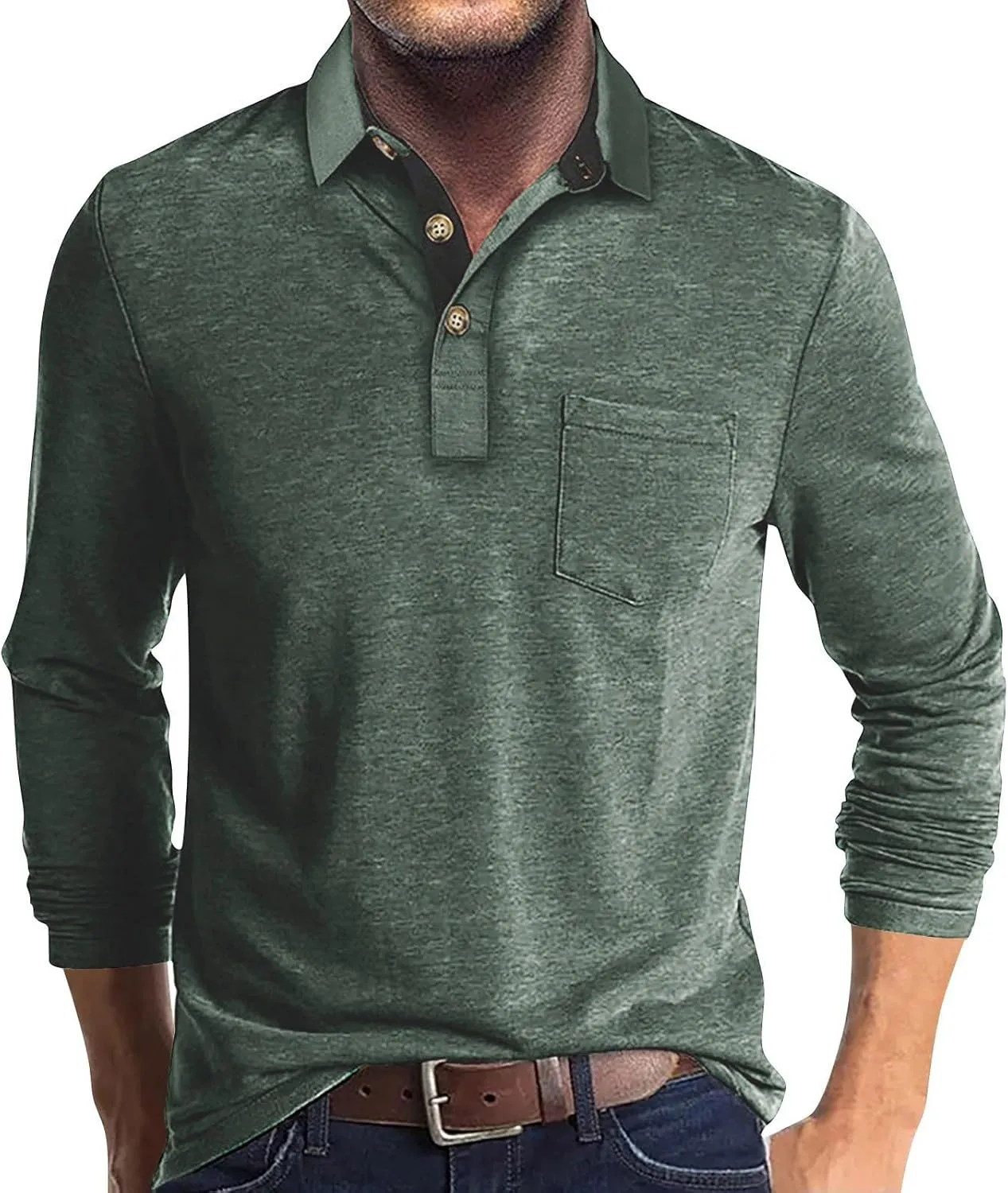 Men's 2025 Classic Fit Casual Short Sleeve Vintage Dual Tipped Collar Button Down Polo Shirt with Pocket