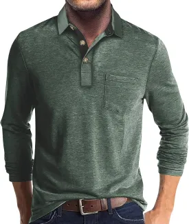 Men's 2025 Classic Fit Casual Short Sleeve Vintage Dual Tipped Collar Button Down Polo Shirt with Pocket