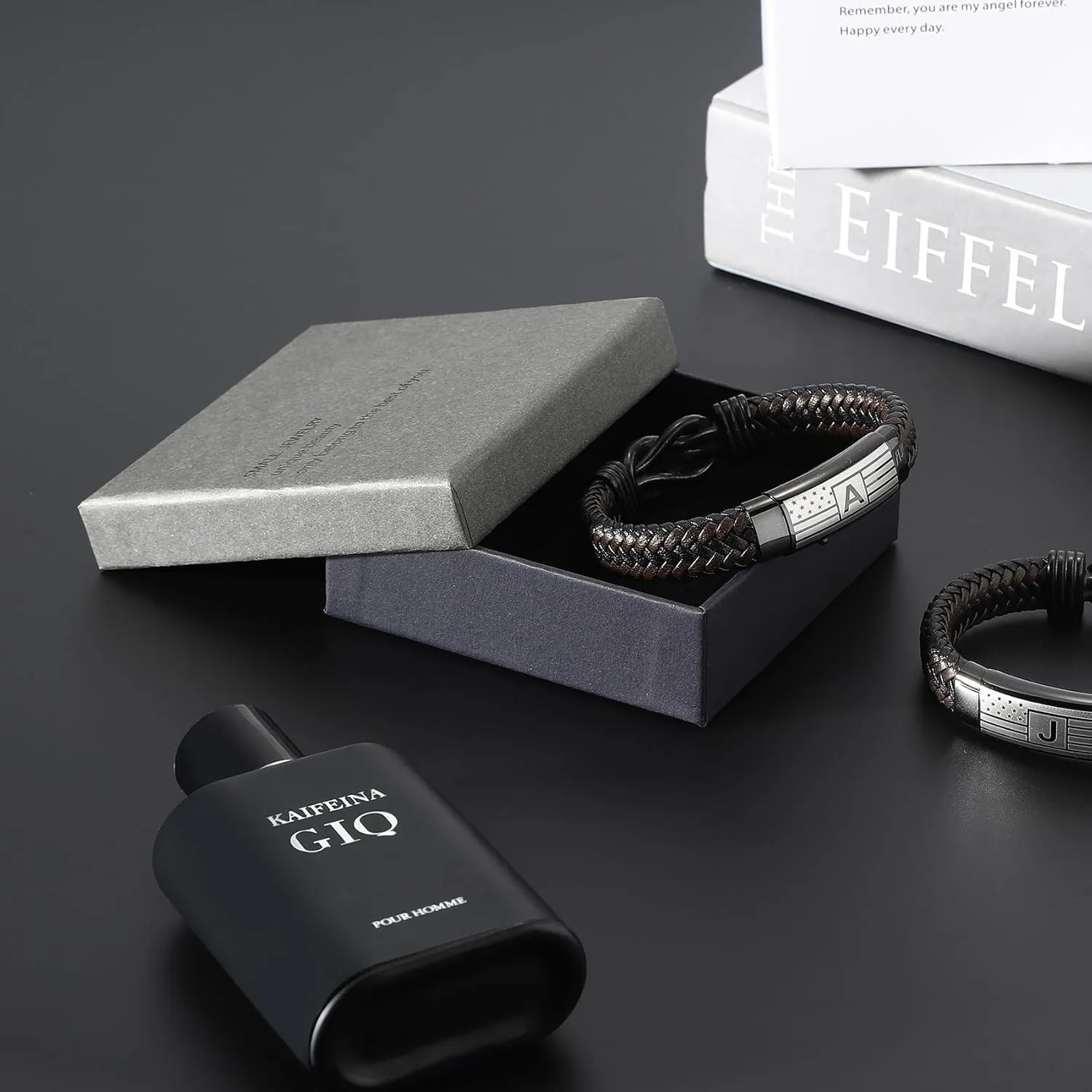 Mens Bracelet with Engraved Flag & Love You Forever Message  Adjustable Leather Bracelet with Initial Clasp, Gift Boxed  Stylish Pulseras Para Hombres, Initial Bracelet for Boyfriend, Son, Husband