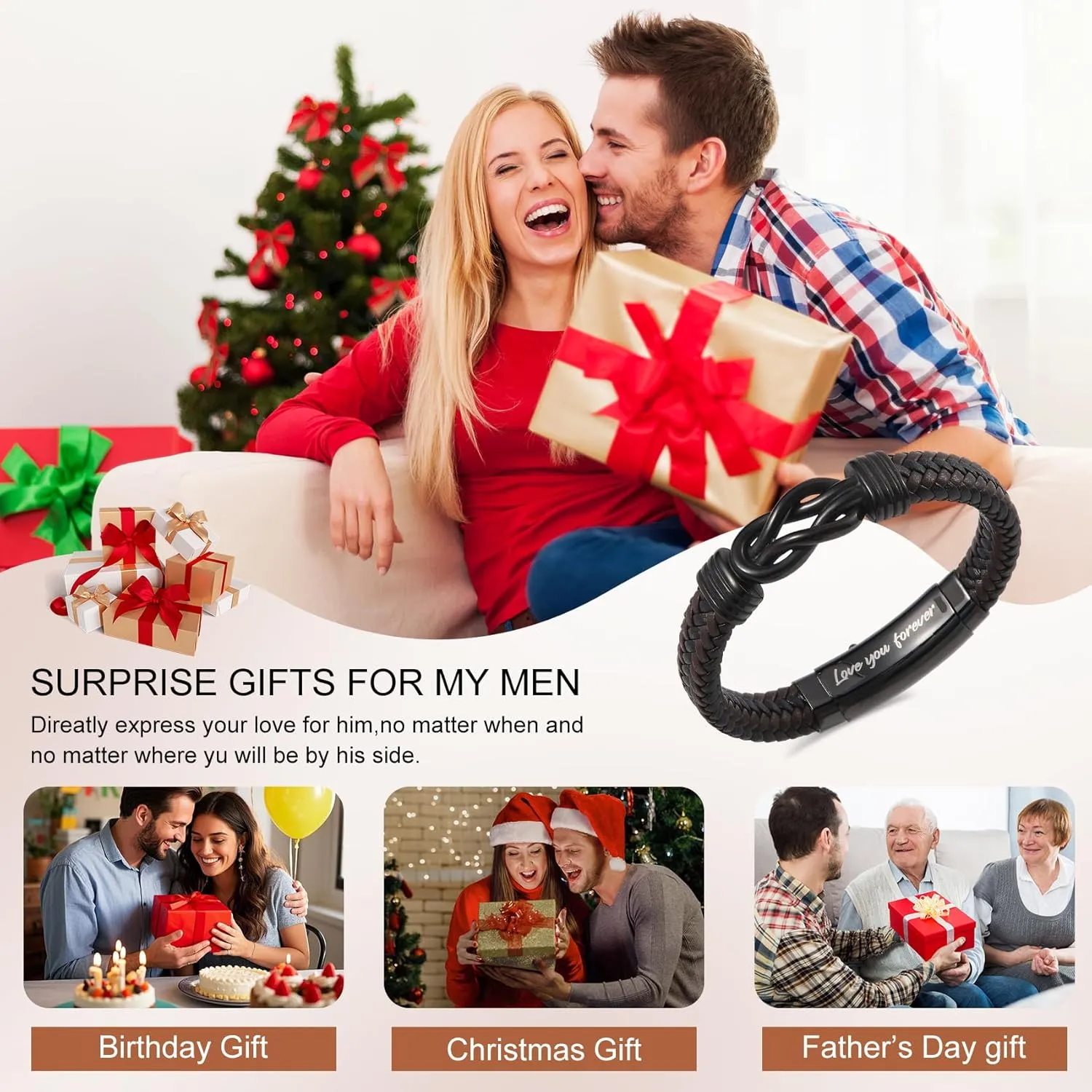 Mens Bracelet with Engraved Flag & Love You Forever Message  Adjustable Leather Bracelet with Initial Clasp, Gift Boxed  Stylish Pulseras Para Hombres, Initial Bracelet for Boyfriend, Son, Husband