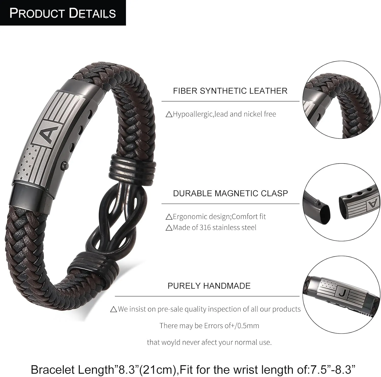 Mens Bracelet with Engraved Flag & Love You Forever Message  Adjustable Leather Bracelet with Initial Clasp, Gift Boxed  Stylish Pulseras Para Hombres, Initial Bracelet for Boyfriend, Son, Husband