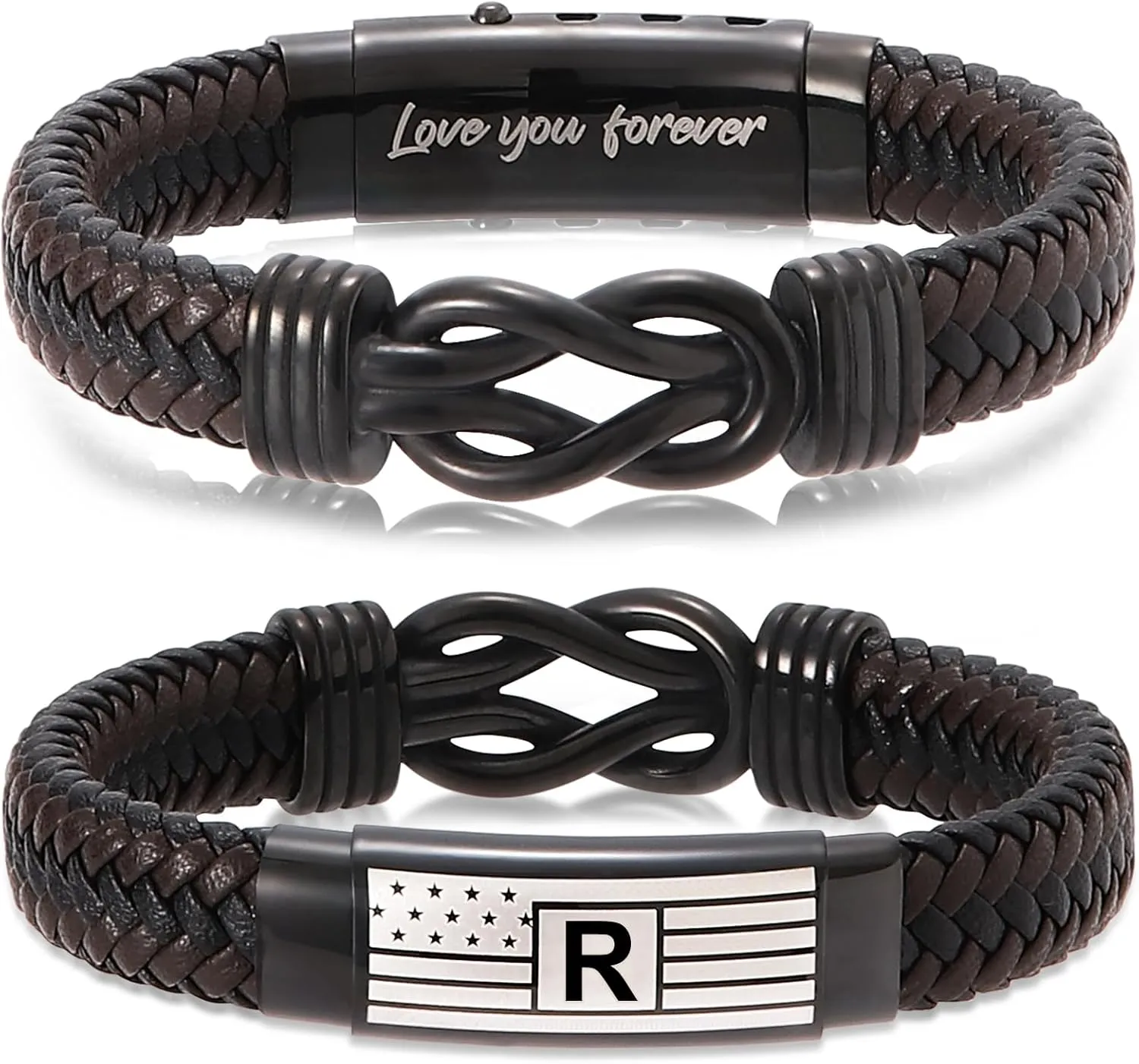 Mens Bracelet with Engraved Flag & Love You Forever Message  Adjustable Leather Bracelet with Initial Clasp, Gift Boxed  Stylish Pulseras Para Hombres, Initial Bracelet for Boyfriend, Son, Husband
