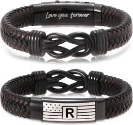 Mens Bracelet with Engraved Flag & Love You Forever Message  Adjustable Leather Bracelet with Initial Clasp, Gift Boxed  Stylish Pulseras Para Hombres, Initial Bracelet for Boyfriend, Son, Husband