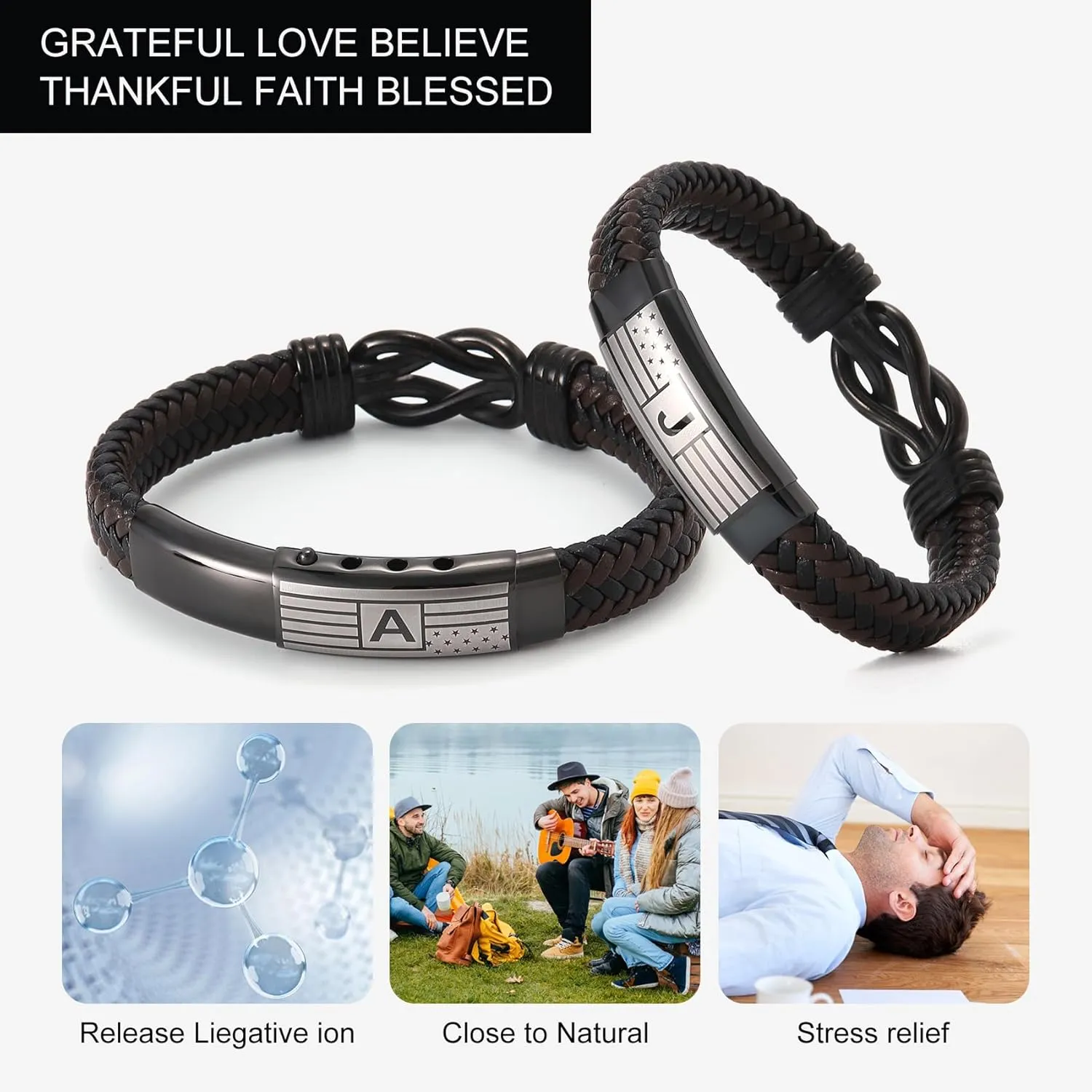 Mens Bracelet with Engraved Flag & Love You Forever Message  Adjustable Leather Bracelet with Initial Clasp, Gift Boxed  Stylish Pulseras Para Hombres, Initial Bracelet for Boyfriend, Son, Husband