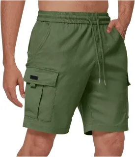 Mens Cargo Shorts Elastic Waist Running Hiking Bermuda Shorts Knee Length Casual Summer Clothes with Multiple Pockets
