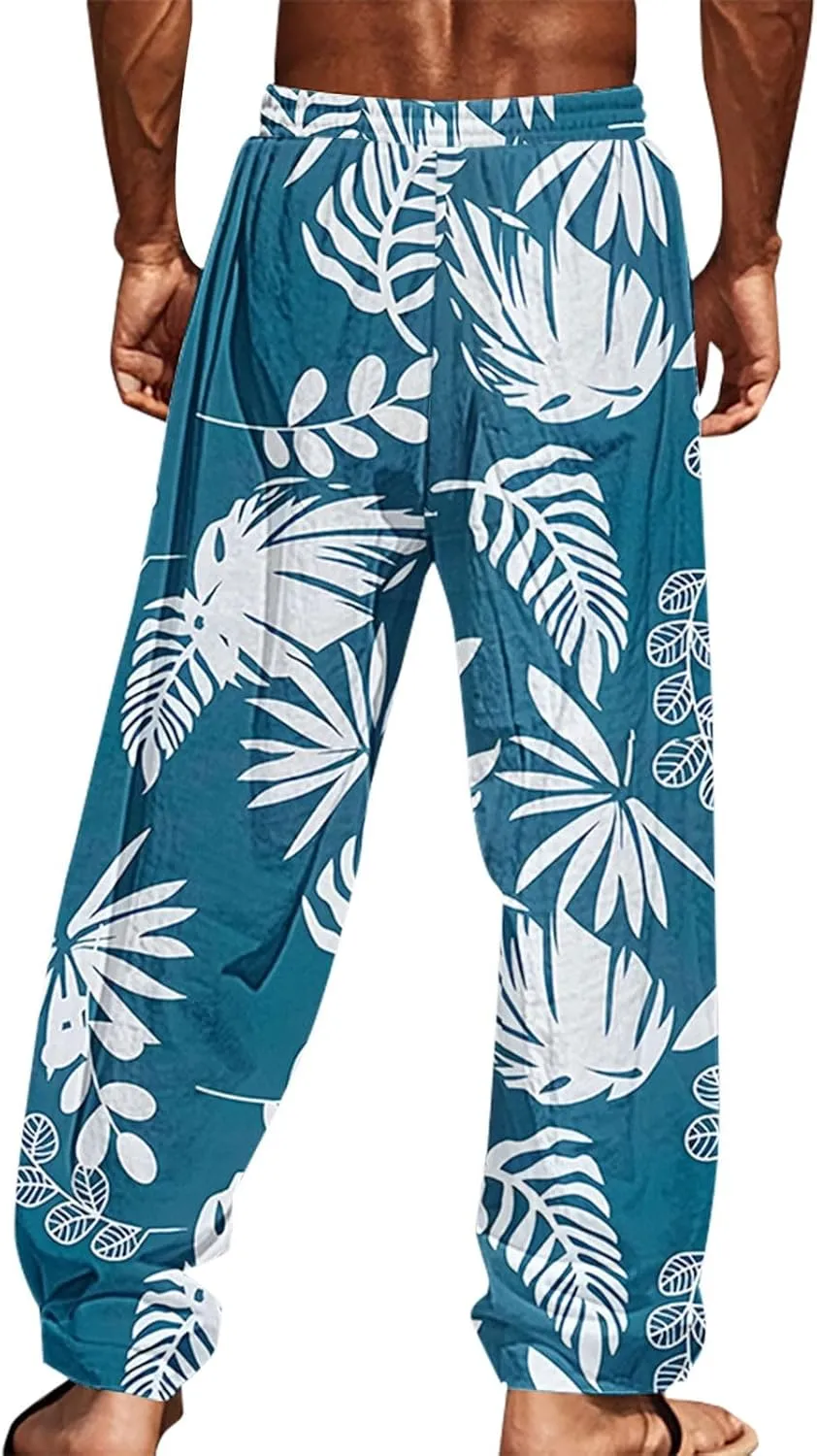 Men's Tropical Coconut Sweatpants Hawaiian Beach Vacation Pants Comfy Lounge Breathable Relaxed Fit Drawstring