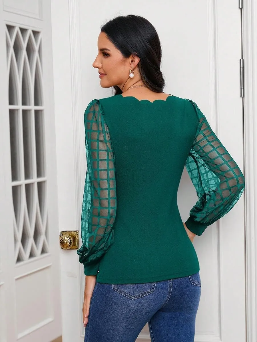 Narecte Women Long Sleeve Shirts Solid Color Women Fall Tops Blouses for Women Dressy Casual Mesh Puff Sleeve Shirt