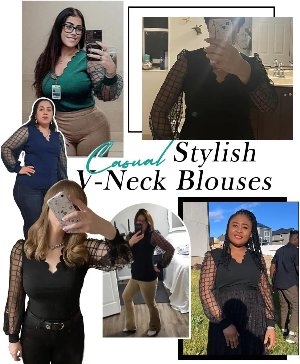 Narecte Women Long Sleeve Shirts Solid Color Women Fall Tops Blouses for Women Dressy Casual Mesh Puff Sleeve Shirt
