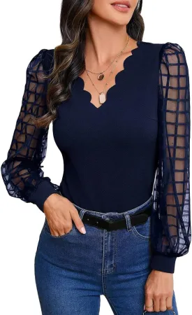 Narecte Women Long Sleeve Shirts Solid Color Women Fall Tops Blouses for Women Dressy Casual Mesh Puff Sleeve Shirt