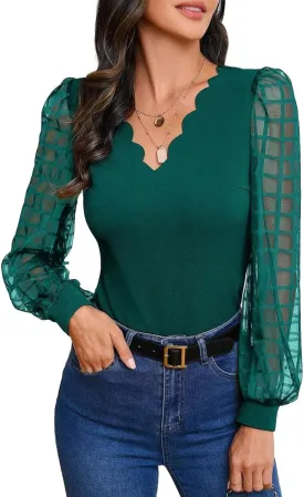 Narecte Women Long Sleeve Shirts Solid Color Women Fall Tops Blouses for Women Dressy Casual Mesh Puff Sleeve Shirt