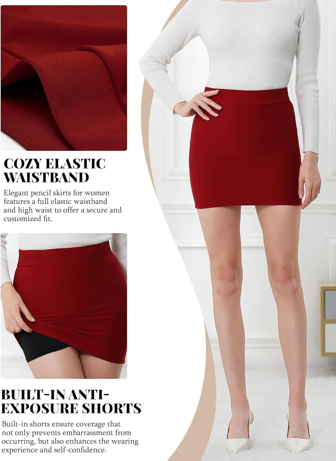 Pencil Skirt for Women Stretch High Waist Bodycon Mini Skirts for Women Casual Business Work